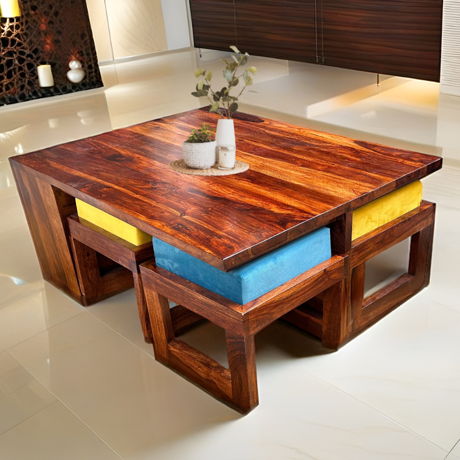 Thalia Solid Sheesham Wood Centre Coffee Table With 4 Stools