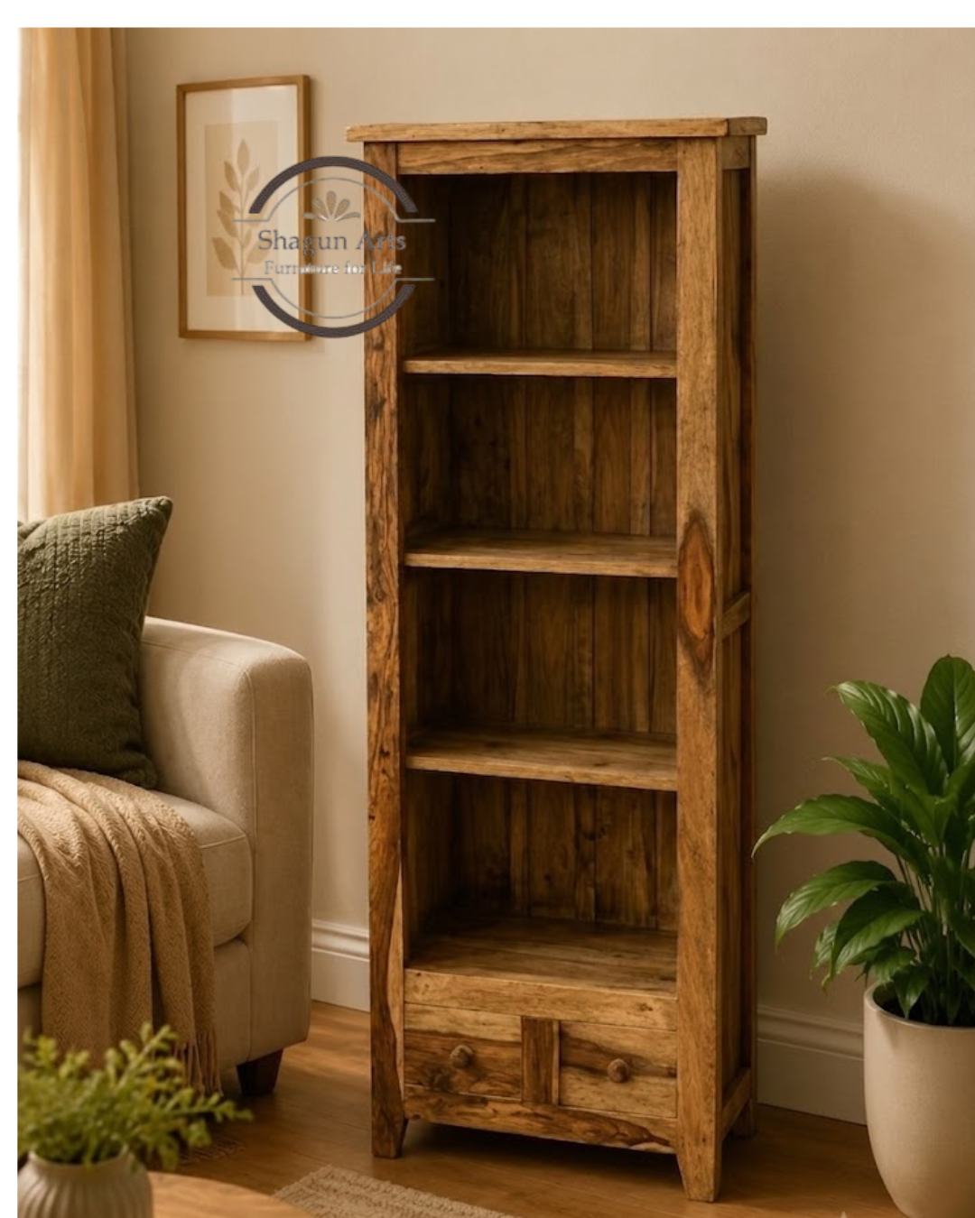 Oriel Solid Sheesham Wood 4-Shelf Bookshelf with Drawers In Natural Finish