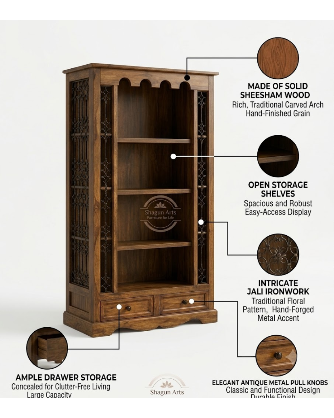 Malava Solid Sheesham Wood Bookshelf with 4 Open Shelves and 2 Drawers In Natural Brown Finish