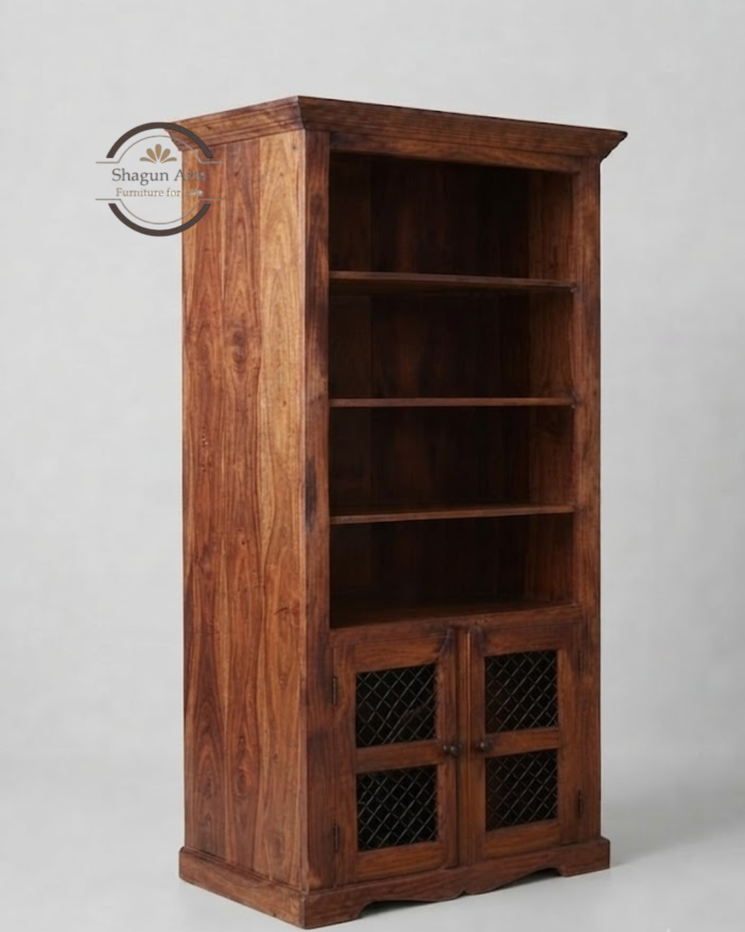 Essex Solid Sheesham Wood  Bookshelf with 2 Mesh-Door Cabinets In Honey Oak Finish