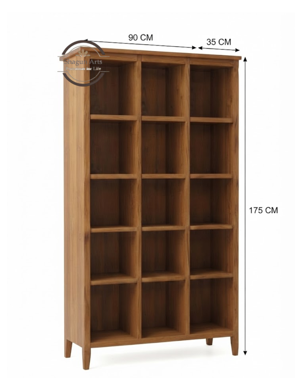Abbey Solid Sheesham Wood 12-Compartment Open Bookshelf In Natural Brown Finish
