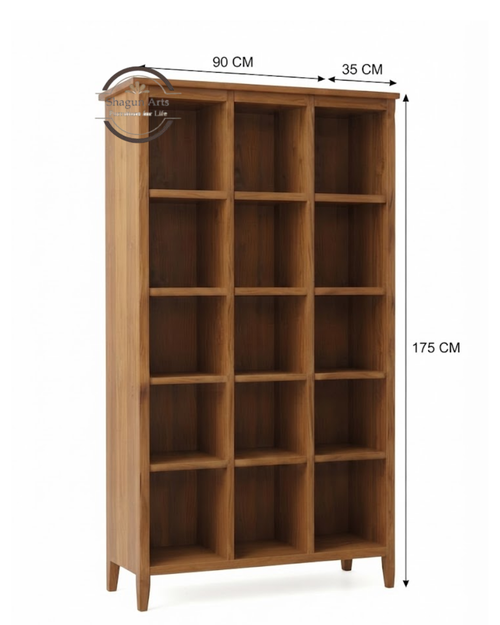 Abbey Solid Sheesham Wood 12-Compartment Open Bookshelf In Natural Brown Finish