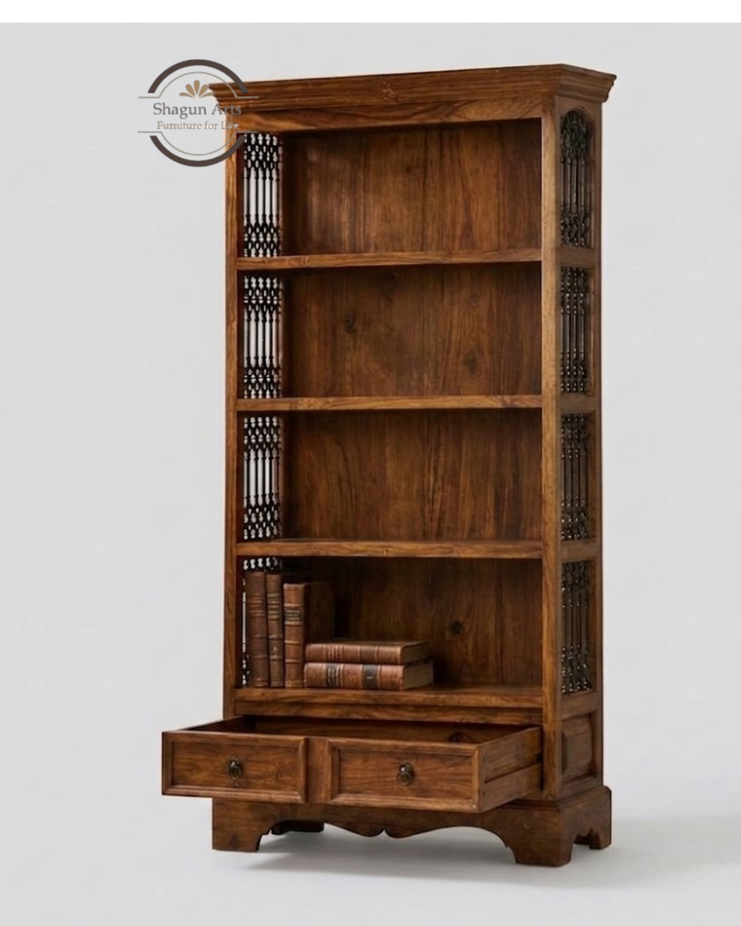 Abbey Solid Sheesham Wood 4-Shelf Bookshelf with Drawers