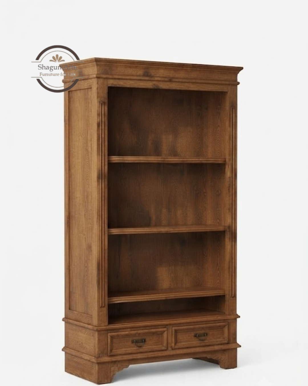 Hagborg Solid Sheesham Wood Book Shelf With 2 Drawers In Natural Brown Finish