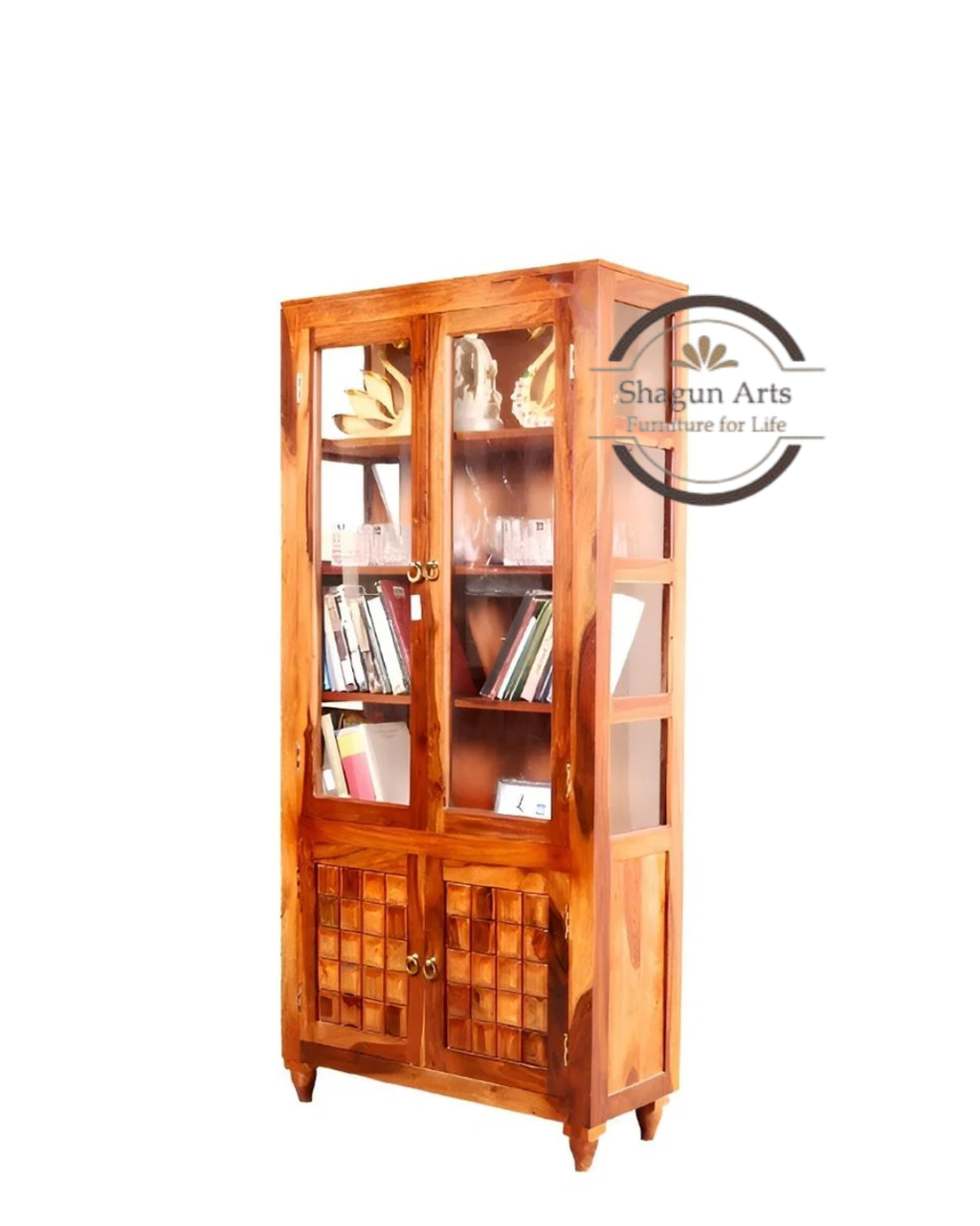 Nyla Solid Sheesham Wood Glass Door Display Cabinet with Storage