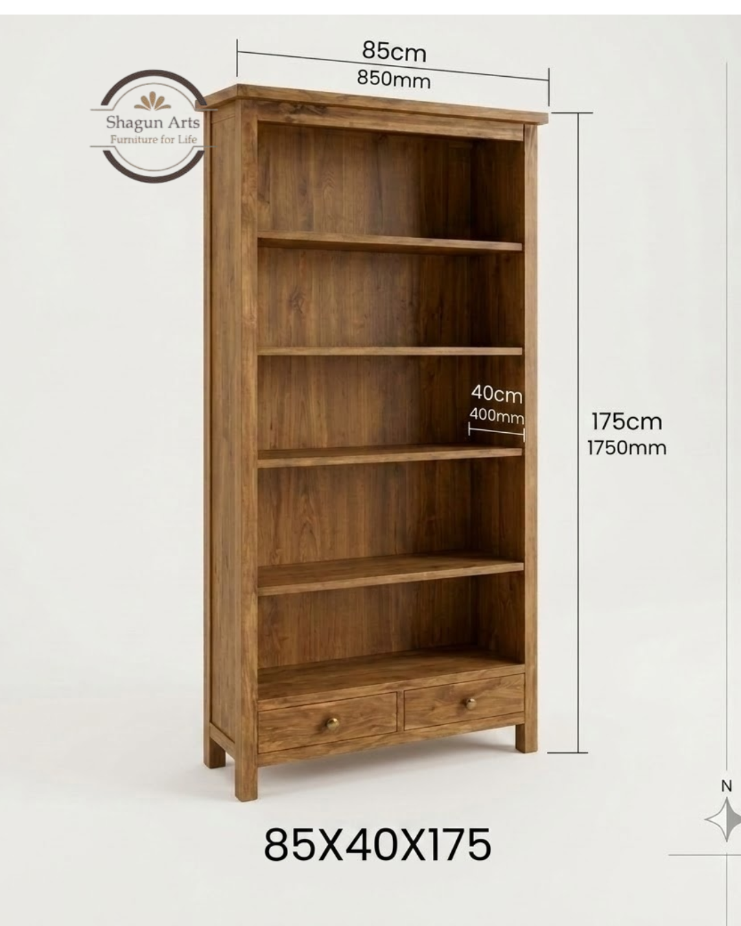 Avalon Solid Sheesham Wood Bookshelf In Natural Brown Finish
