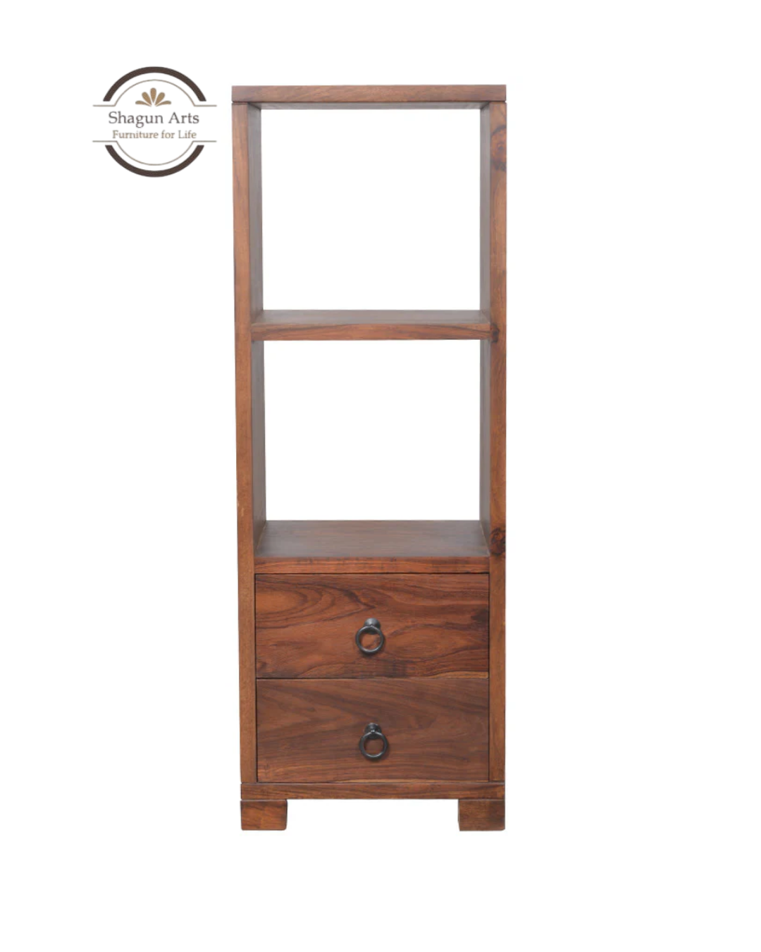 Megumi Solid Sheesham Wood Storage Cabinet with Open Shelves & 2 Drawers In Provencial Teak Finish