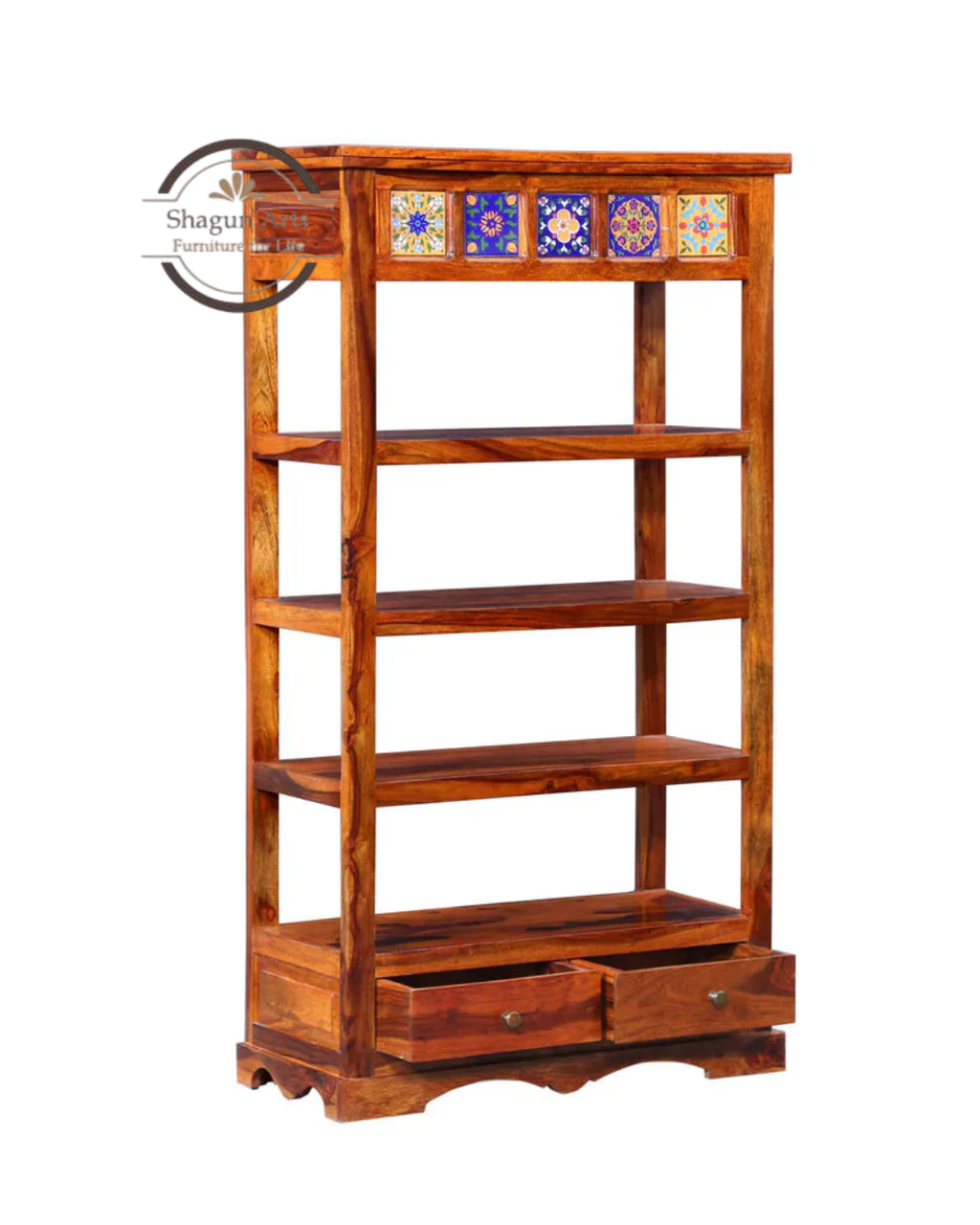 Lacey Solid Sheesham Wood Bookshelf with Decorative Tile Accent in Honey Oak Finish