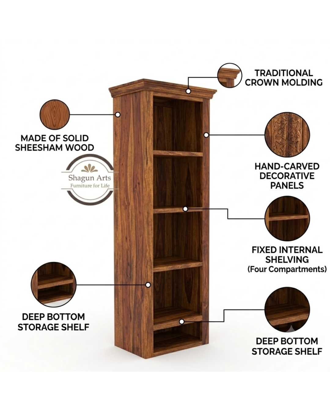 Bahama Solid Sheesham Display Wood 4-Shelf Corner Bookshelf In Honey Oak Finish