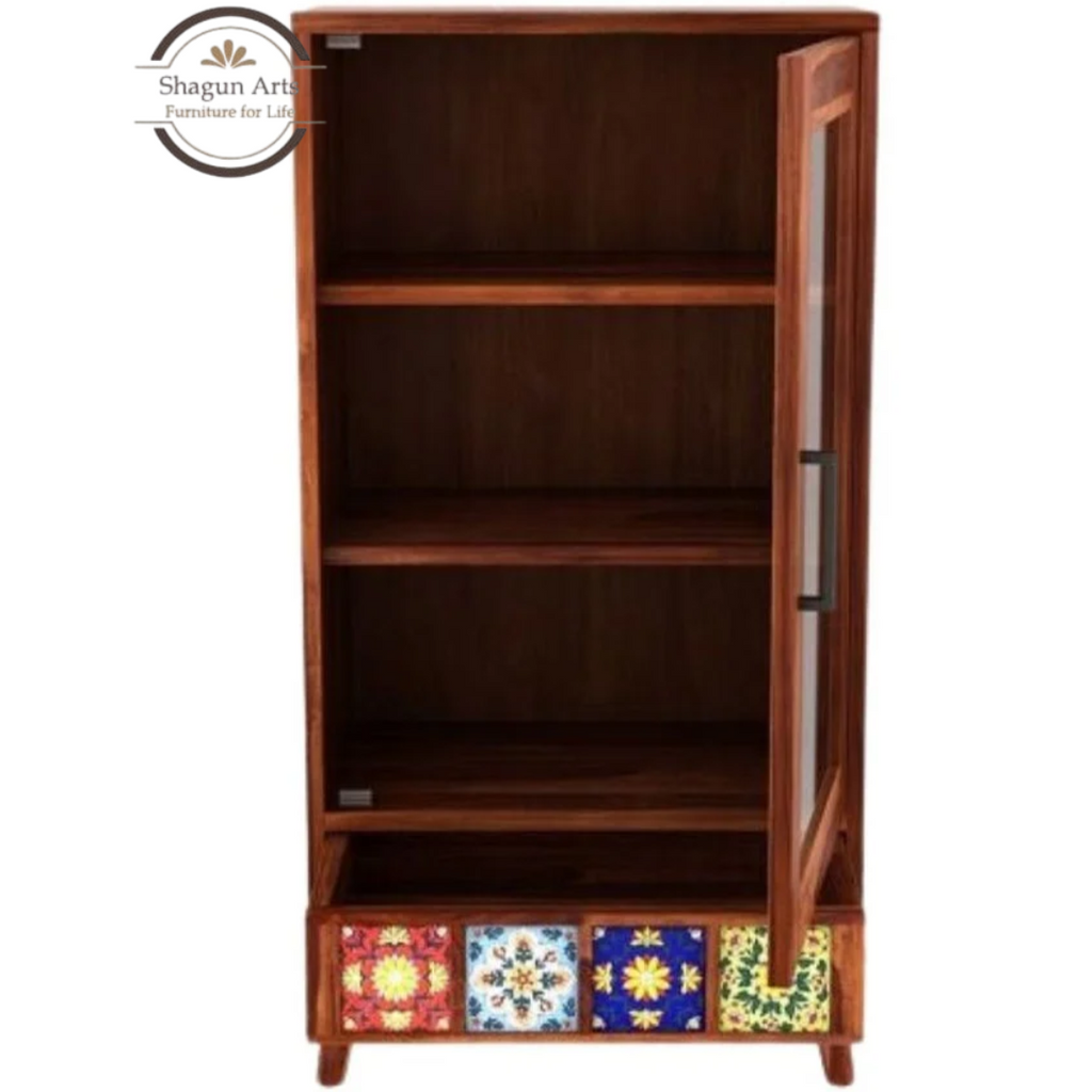 Ansel Solid Sheesham Wood Display Cabinet with Solidd Decorative Tile