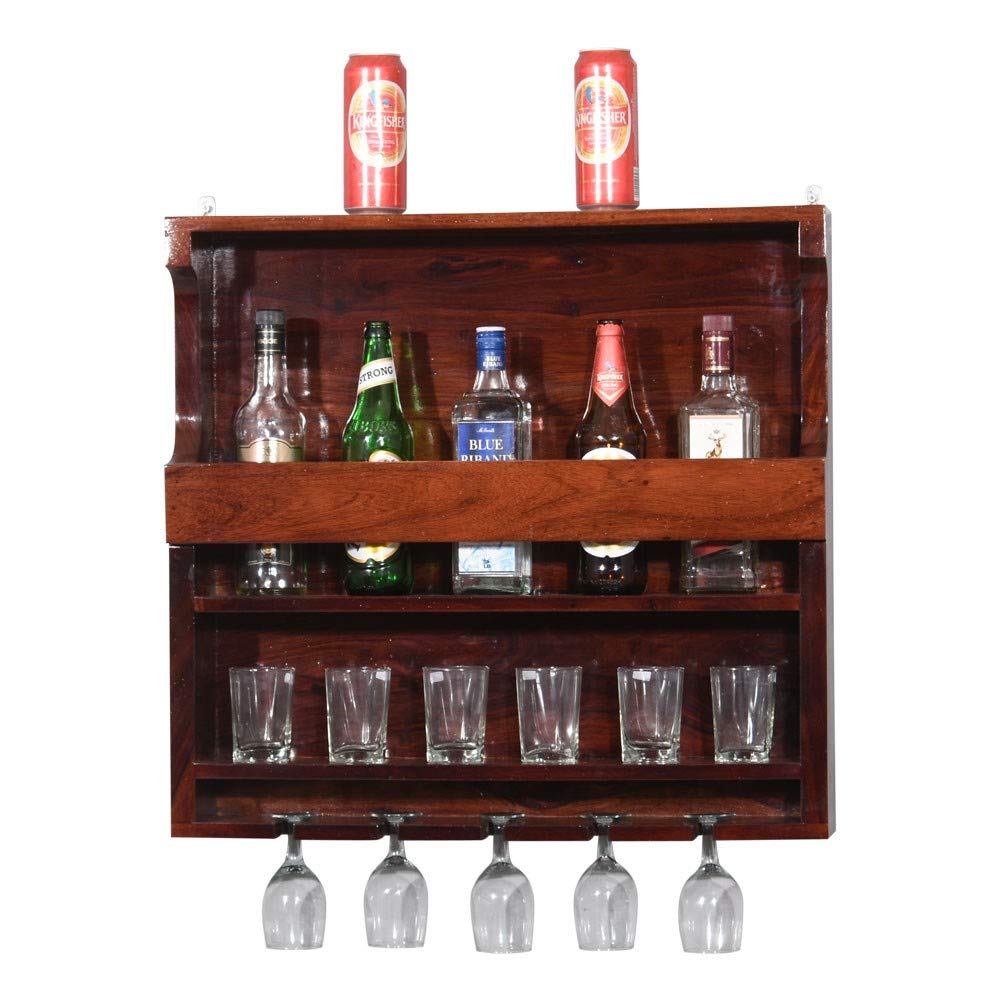 Wooden Wall HangingEster Bar  Design Bar | Bar Cabinets for Home | Mini Bar for Home | Solid Wood Make Wine Storage Cabinet with Glass Hanging Space-Mahogany Finish