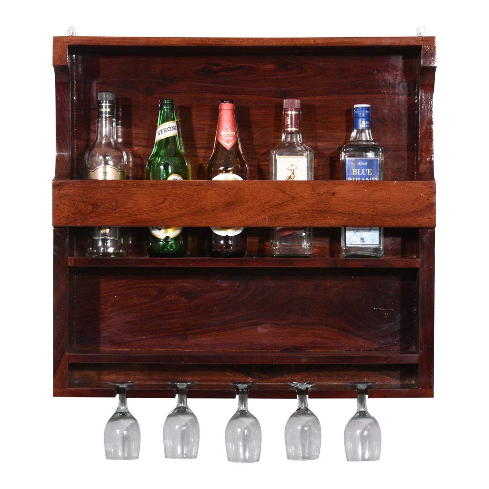 Wooden Wall HangingEster Bar  Design Bar | Bar Cabinets for Home | Mini Bar for Home | Solid Wood Make Wine Storage Cabinet with Glass Hanging Space-Mahogany Finish