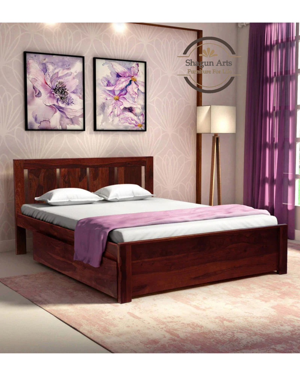 Adolph Solid Wood Queen Size Bed with Storage in Honey Oak Finish