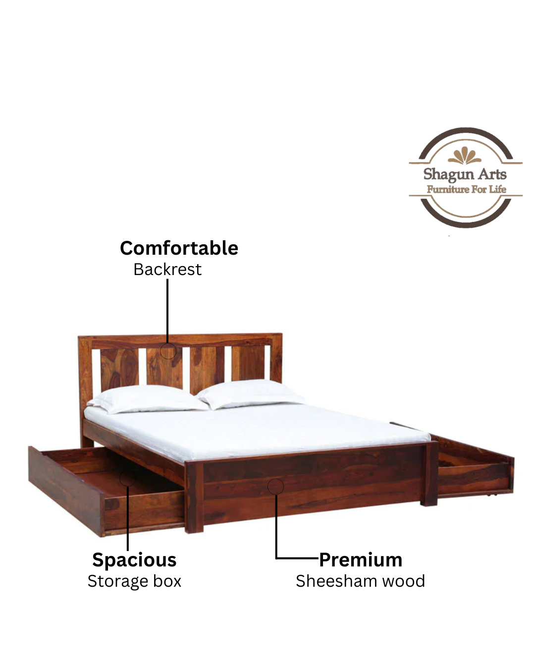 Adolph Solid Wood Queen Size Bed with Storage in Honey Oak Finish
