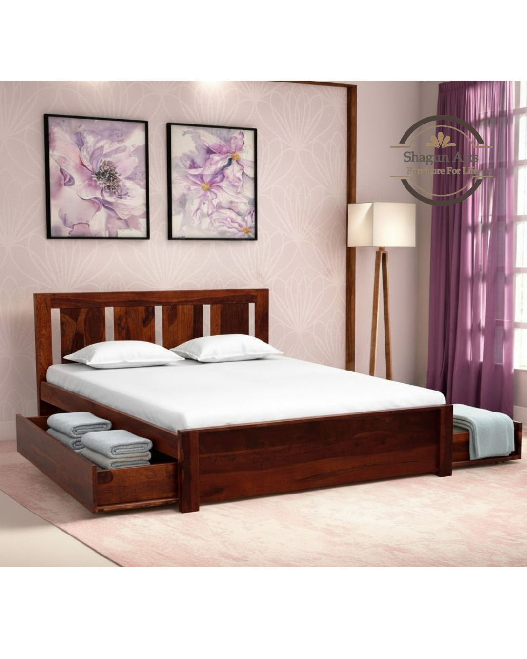 Adolph Solid Wood Queen Size Bed with Storage in Honey Oak Finish