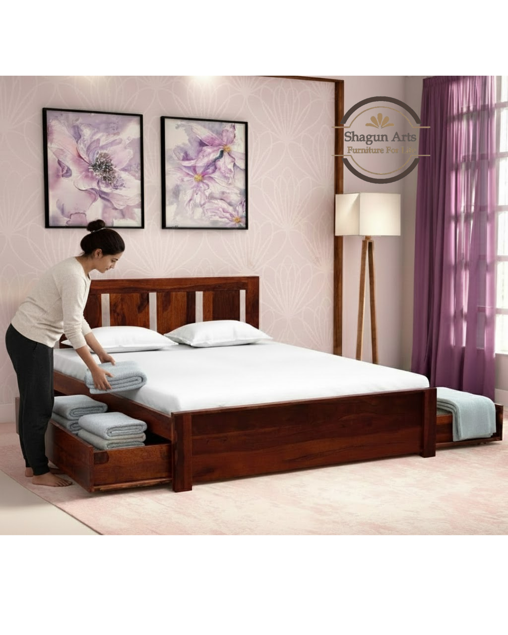 Adolph Solid Wood Queen Size Bed with Storage in Honey Oak Finish