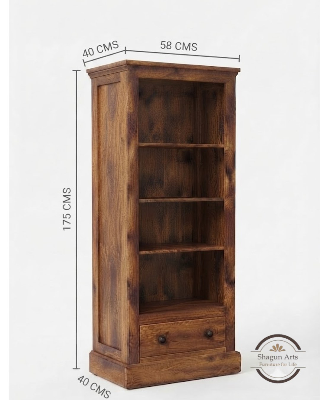 Segur Solid Sheesham Wood Bookshelf with Drawers In Natural Brown Finish