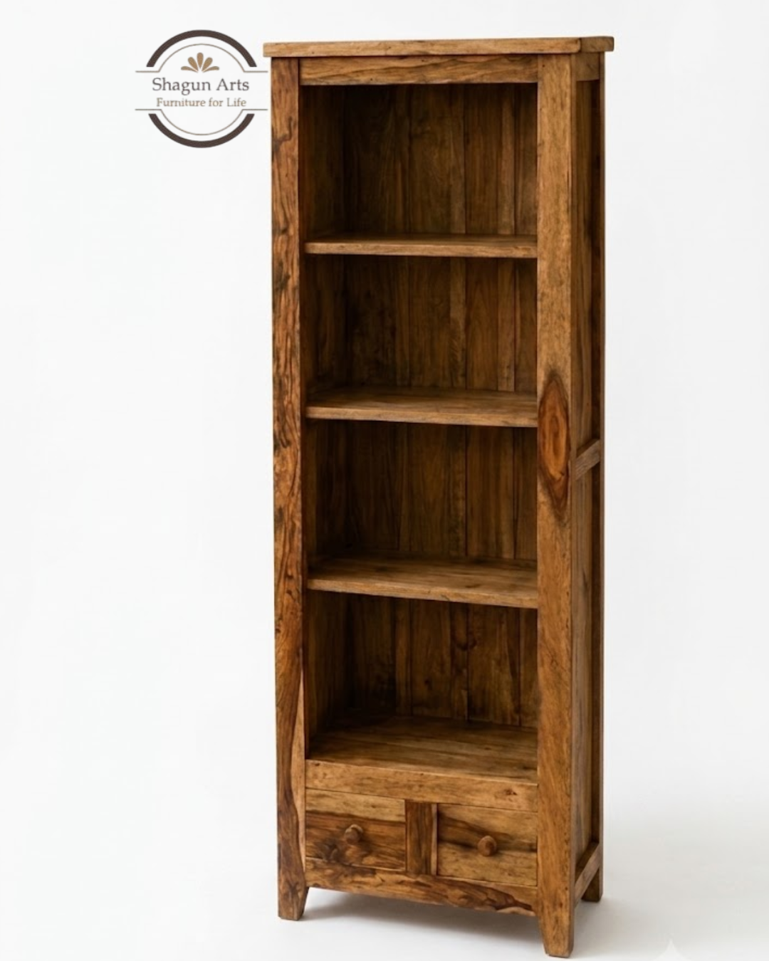 Oriel Solid Sheesham Wood 4-Shelf Bookshelf with Drawers In Natural Finish