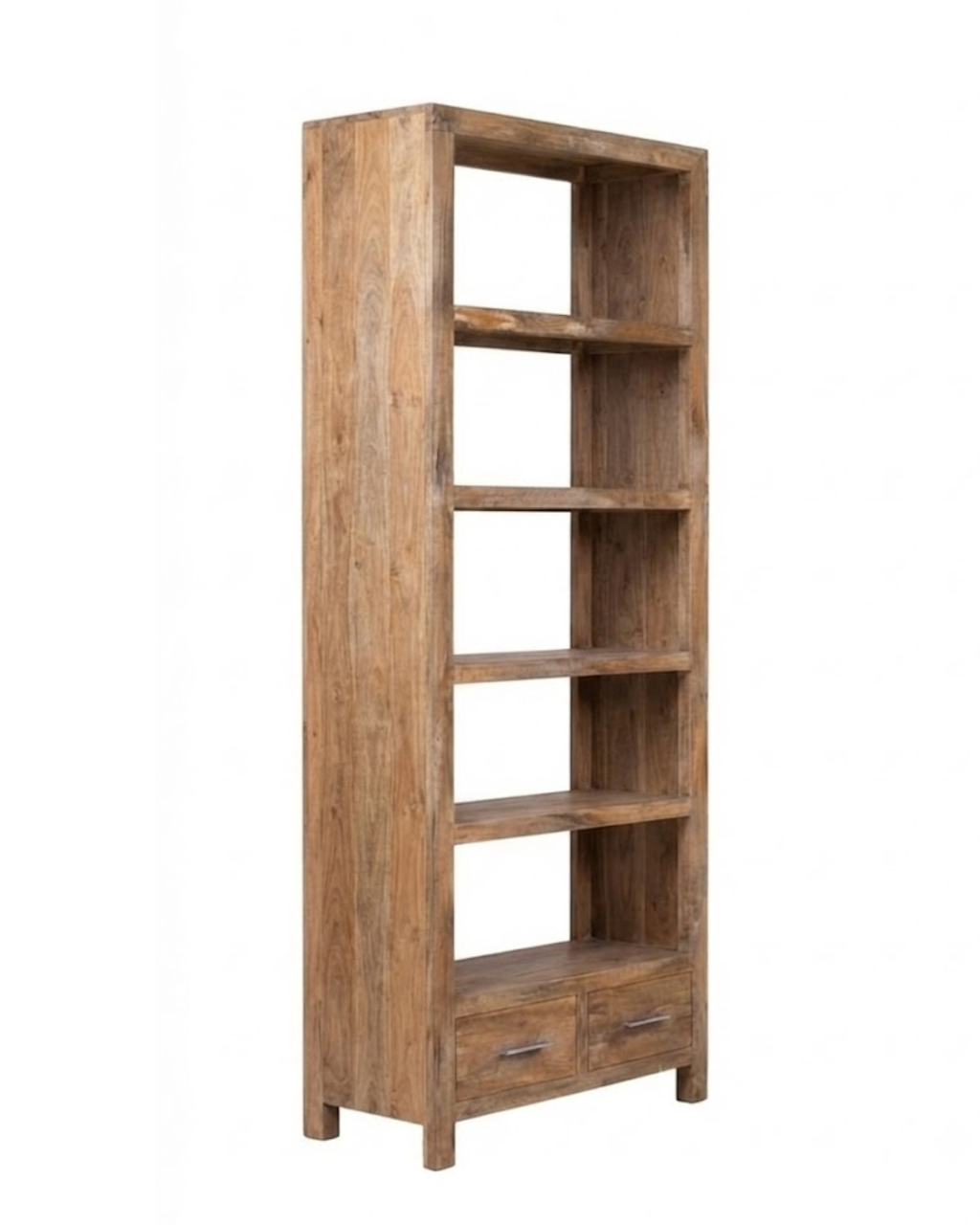 Eldrige Solid Wood 4-Tier Bookshelf with 2 Bottom Drawers In Natural Brown Finish