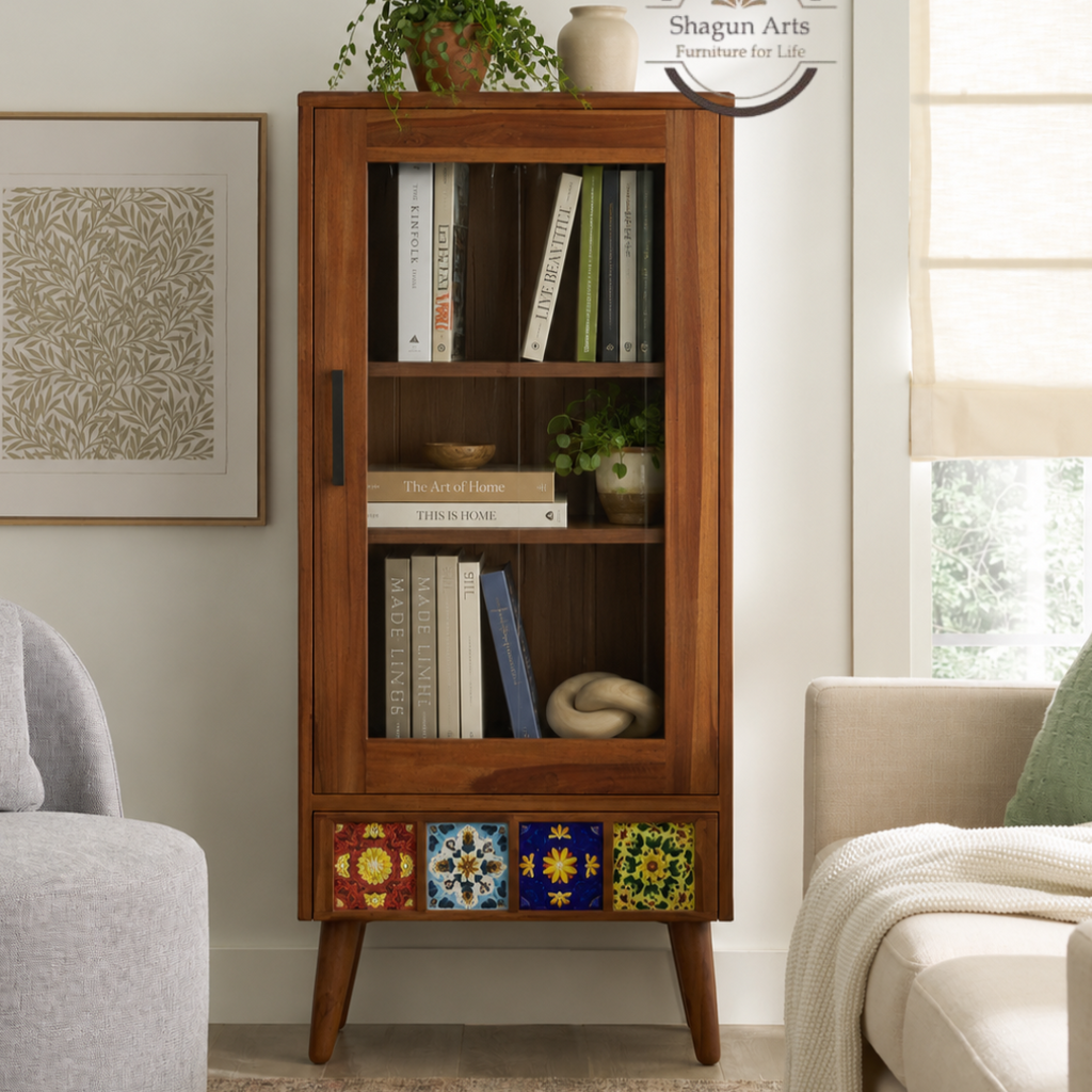 Ansel Solid Sheesham Wood Display Cabinet with Solidd Decorative Tile