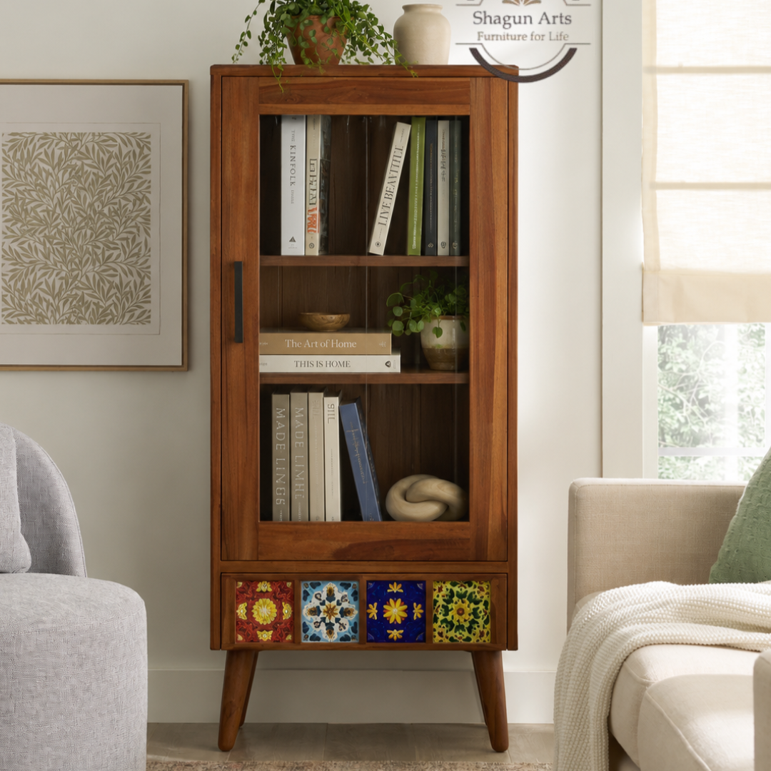 Ansel Solid Sheesham Wood Display Cabinet with Solidd Decorative Tile