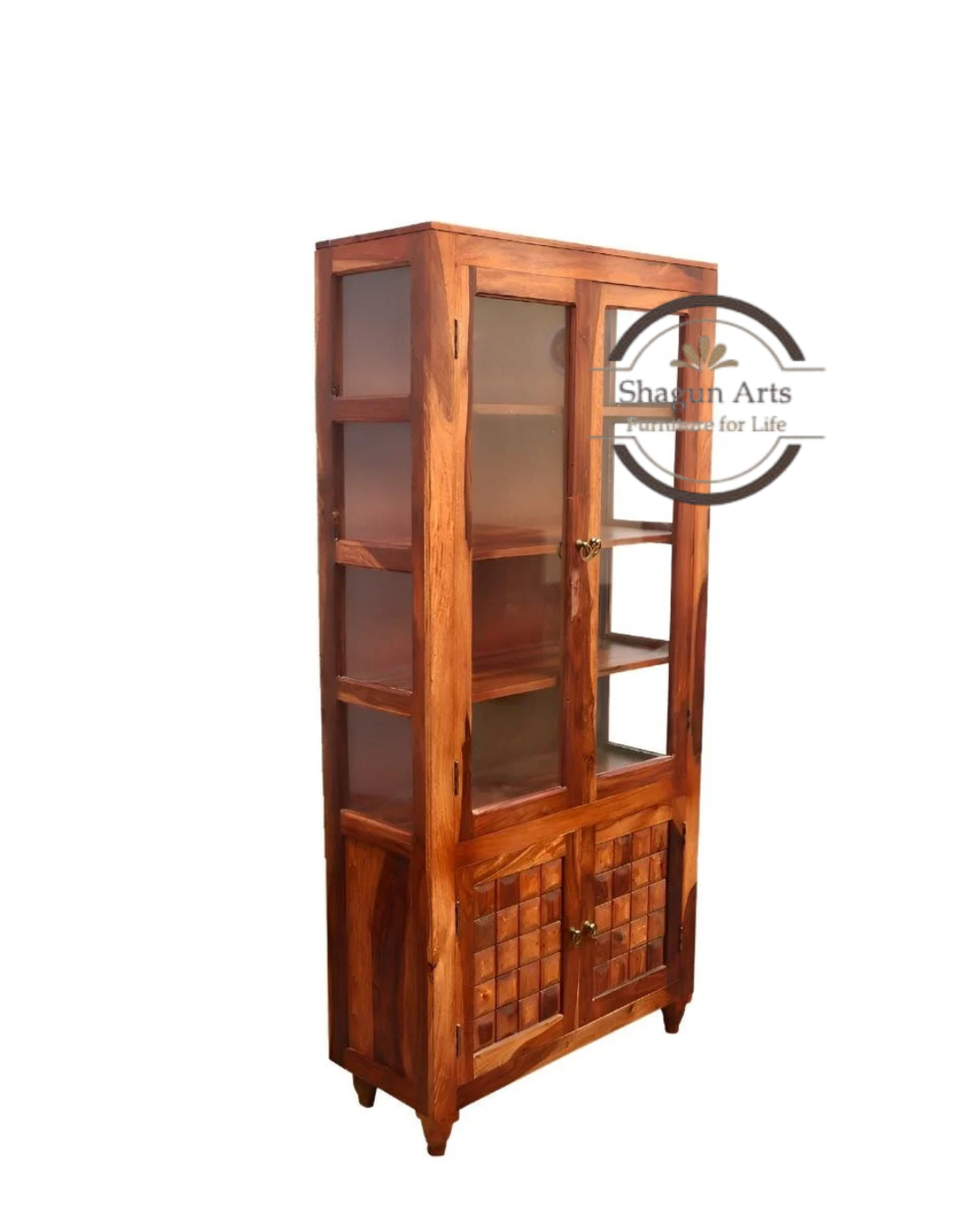 Nyla Solid Sheesham Wood Glass Door Display Cabinet with Storage