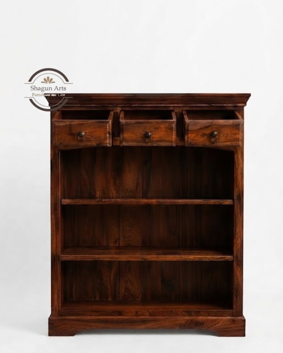 Gower Solid Sheesham Wood Bookshelf with 3 Drawers Book Shelf In Natural Brown Finish