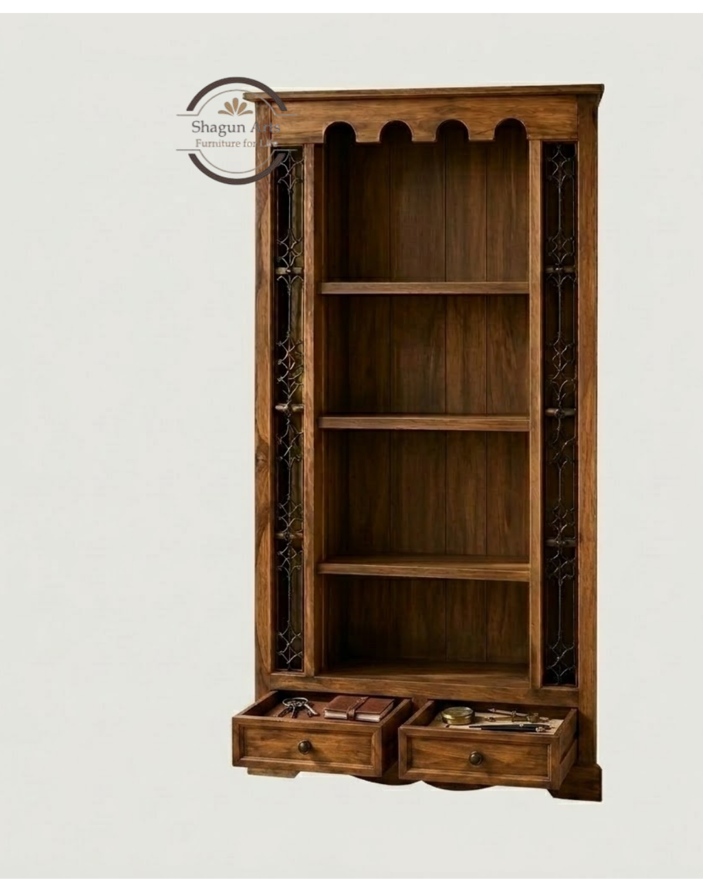 Malava Solid Sheesham Wood Bookshelf with 4 Open Shelves and 2 Drawers In Natural Brown Finish