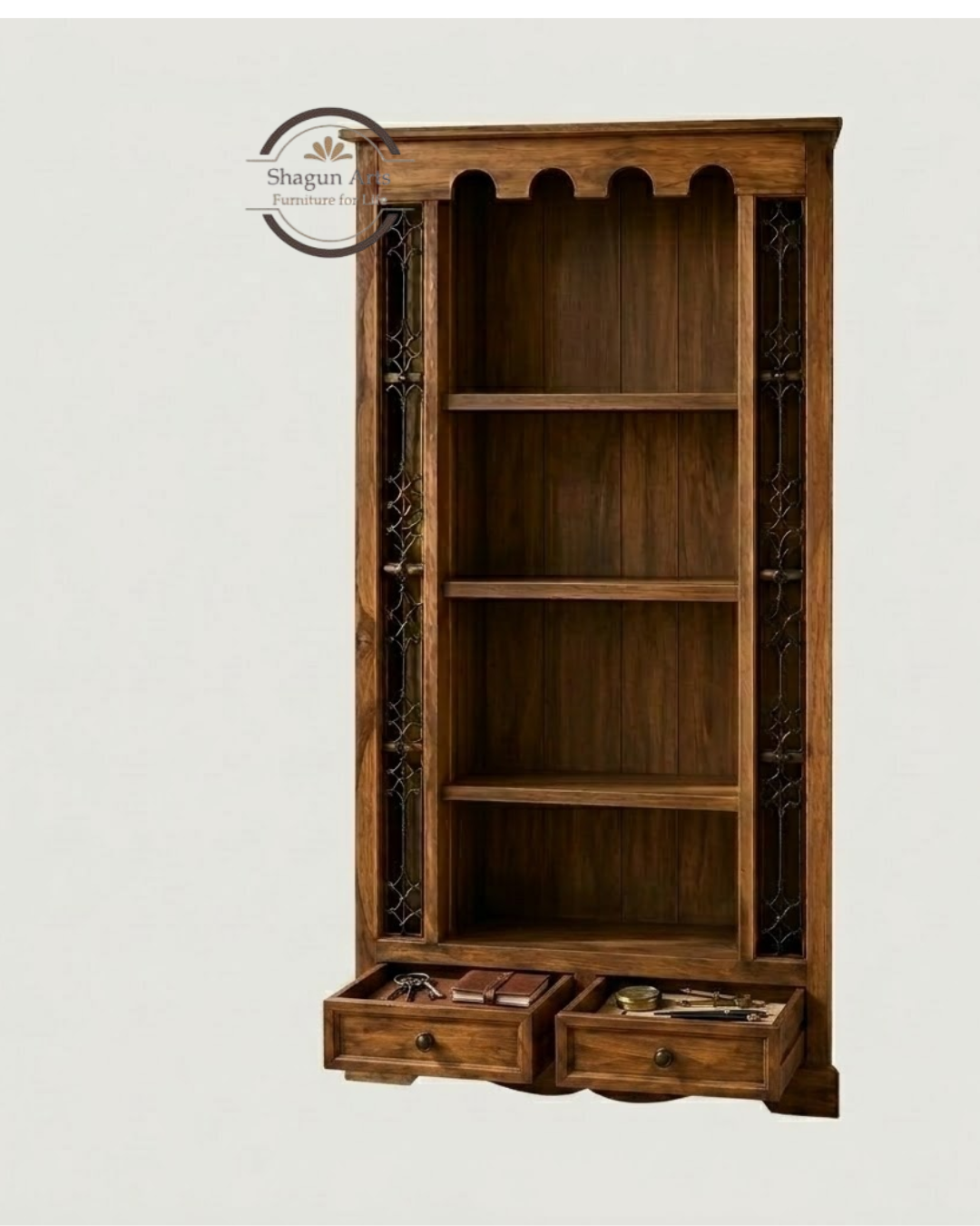 Malava Solid Sheesham Wood Bookshelf with 4 Open Shelves and 2 Drawers In Natural Brown Finish