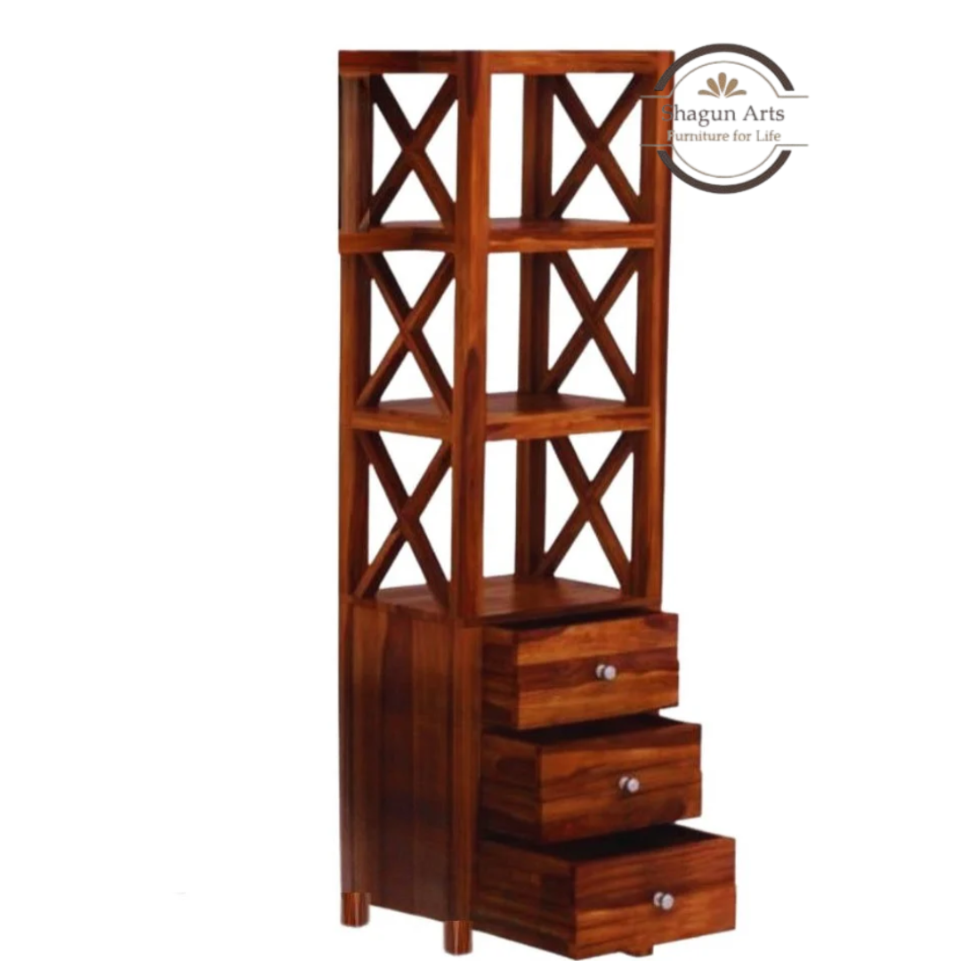 Hestia Solid Sheesham Wood Open Display Rack And Drawers