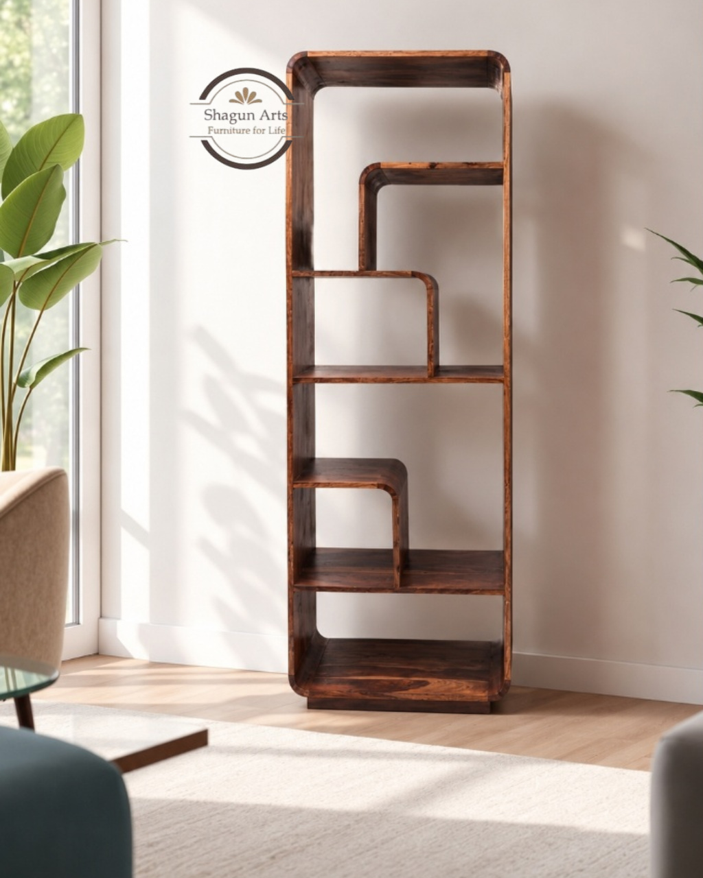 Thalia Solid Sheesham Wood Modern Geometric Display Bookshelf