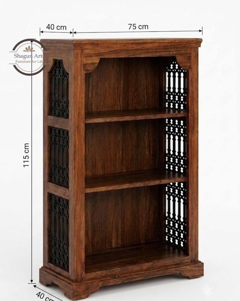 Stigen Solid Sheesham Wood Bookshelf with Decorative Jali Side Panels In Honey Oak Finish