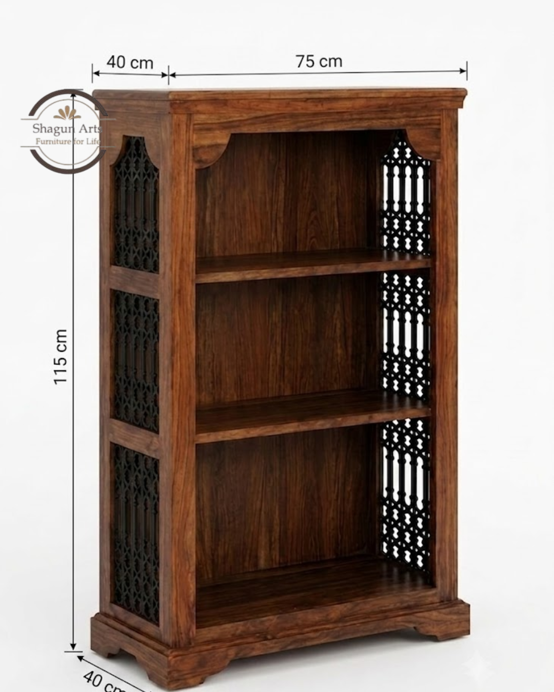 Stigen Solid Sheesham Wood Bookshelf with Decorative Jali Side Panels In Honey Oak Finish