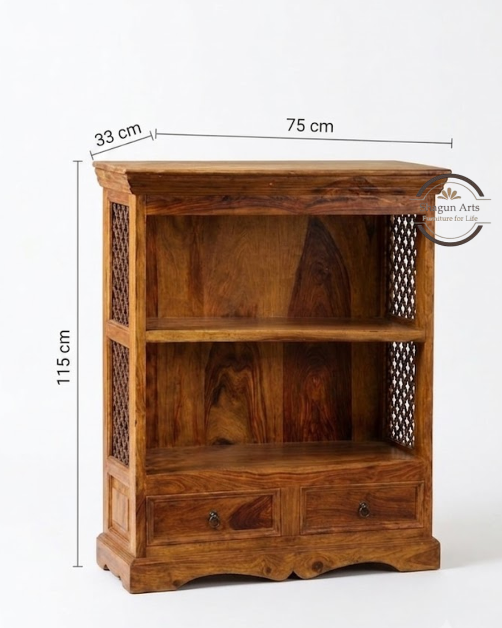 Gower Solid Sheesham Wood 2-Shelf Bookshelf with Drawers