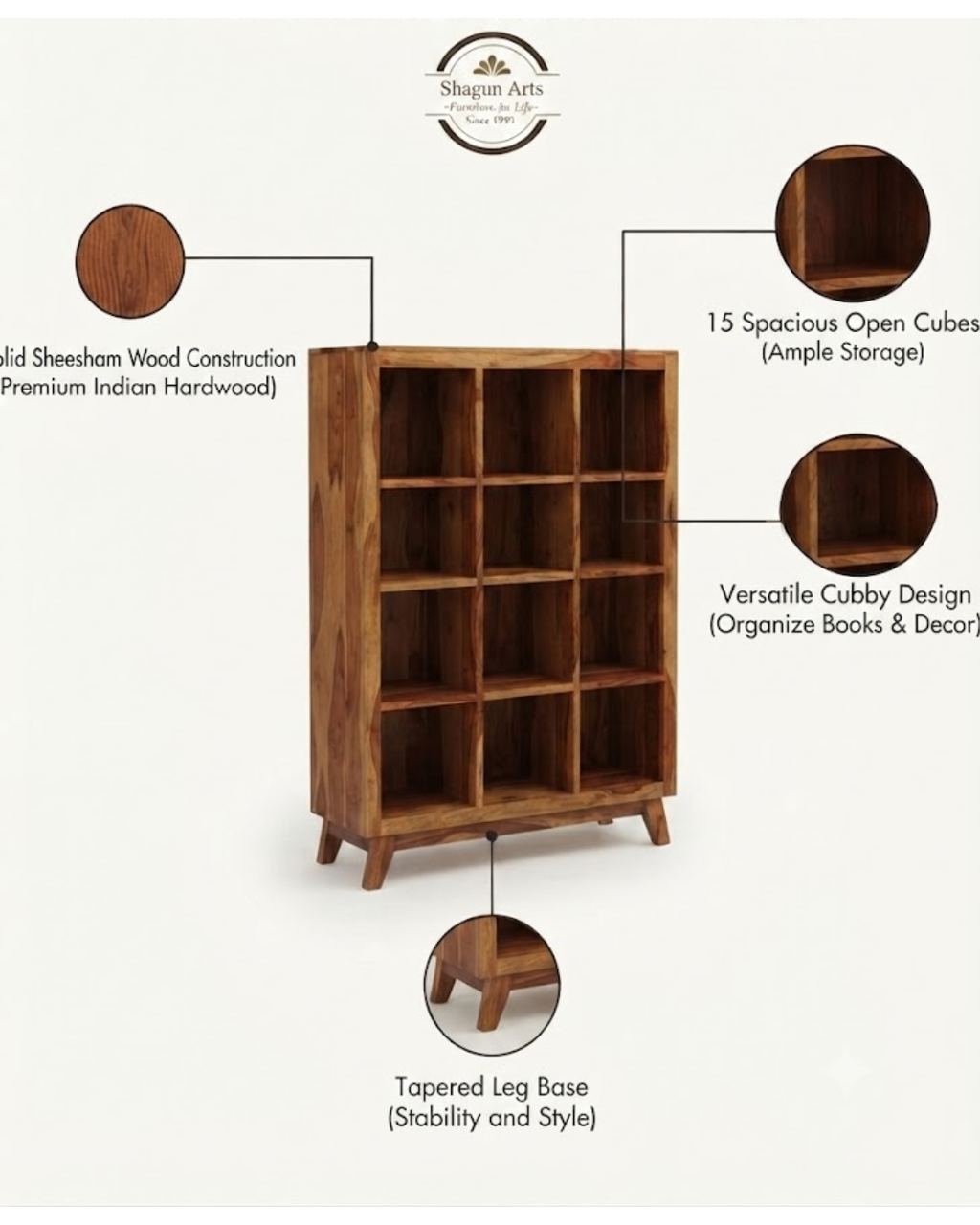Abbey Solid Sheesham Wood 12-Compartment Open Bookshelf In Natural Brown Finish