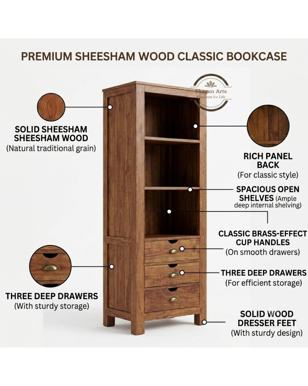 Hayao Solid Sheesham Wood Bookshelf with 3 Drawers