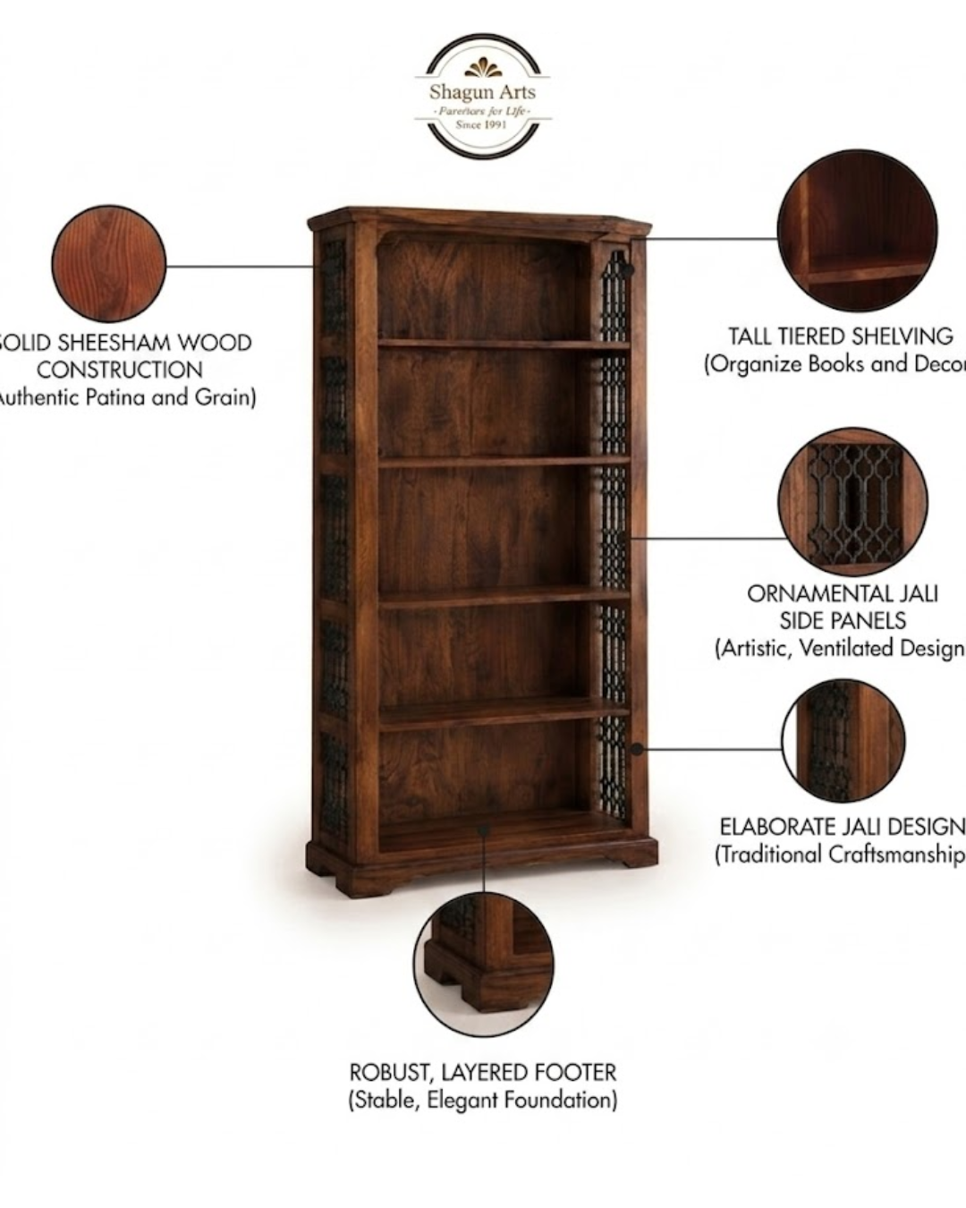 Alvin Solid Sheesham 5-Shelf Bookshelf with Decorative Side Panels In Honey Oak Finish