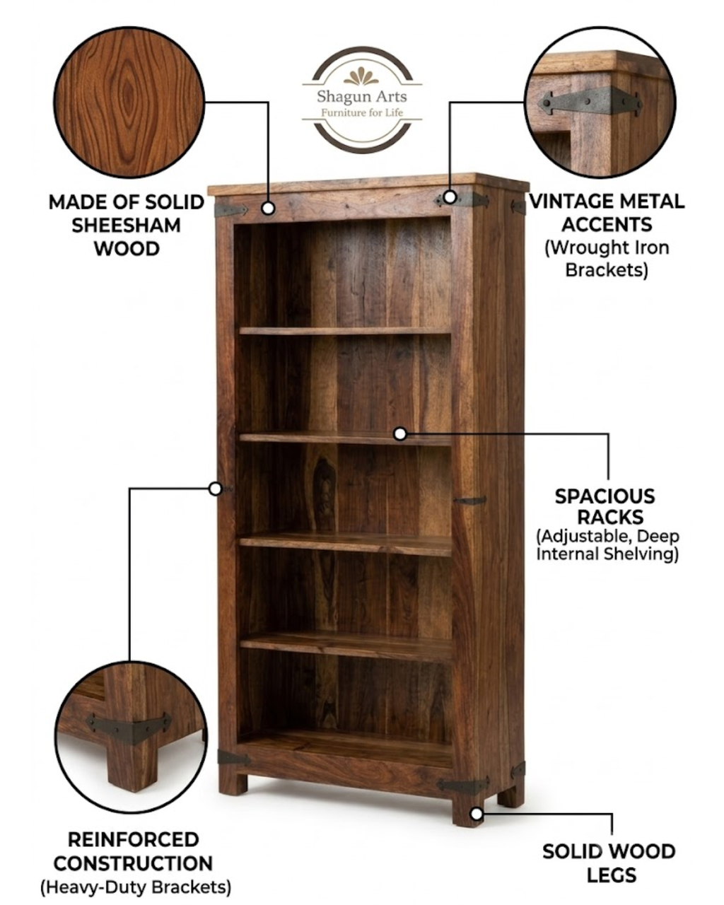 Louis Solid Sheesham Wood 5-tier Book Shelf In Natural Brown Finish