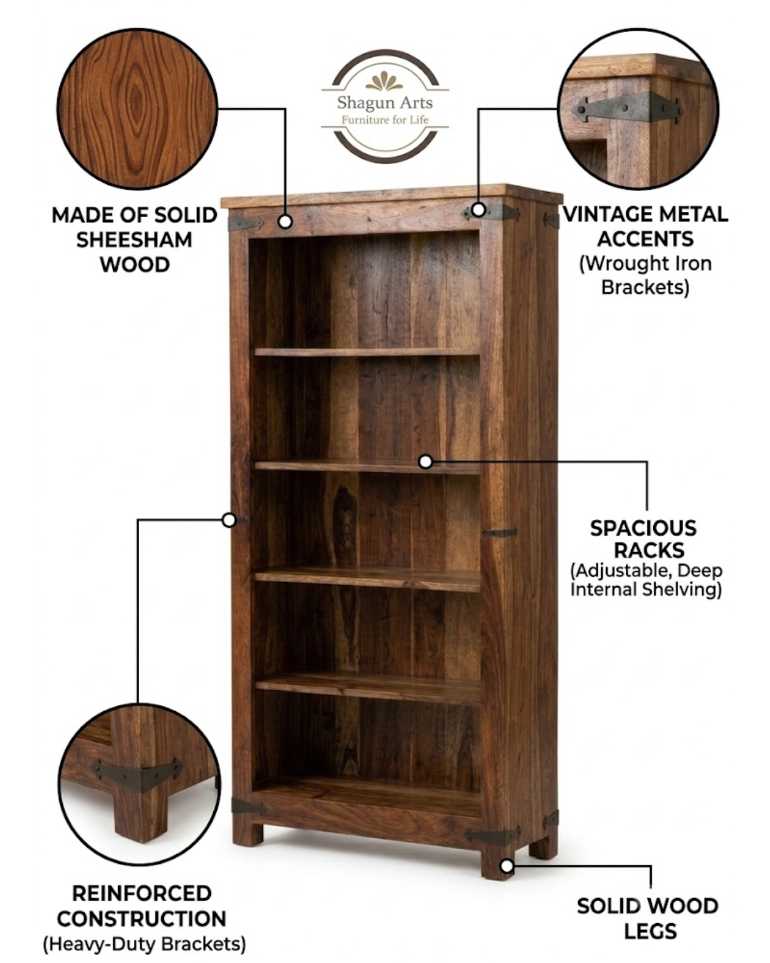 Louis Solid Sheesham Wood 5-tier Book Shelf In Natural Brown Finish