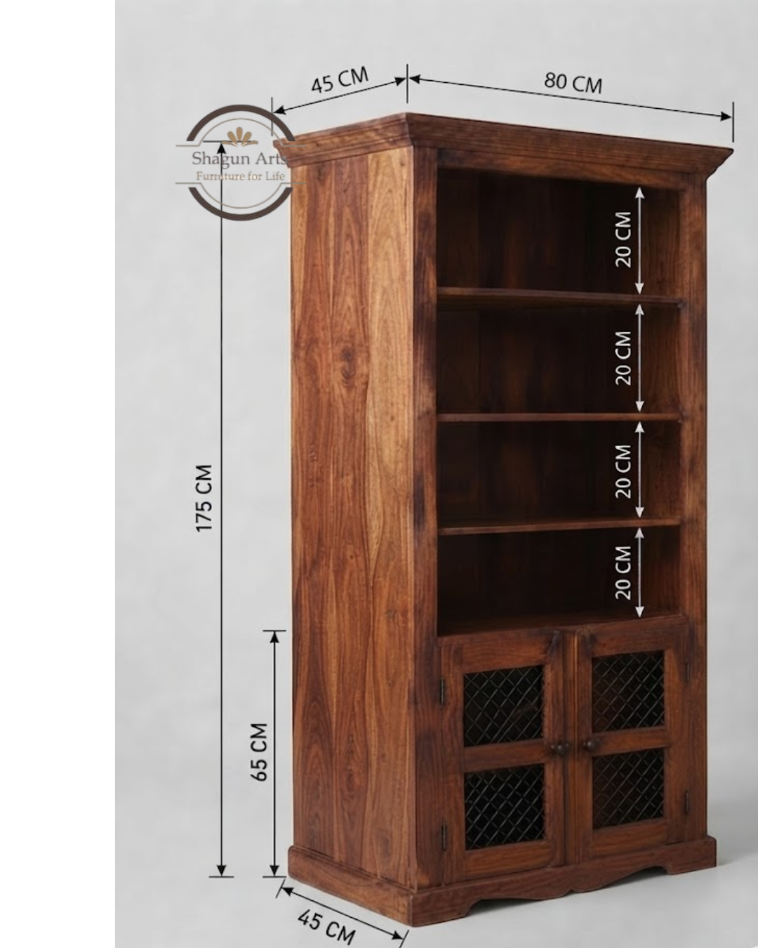 Essex Solid Sheesham Wood  Bookshelf with 2 Mesh-Door Cabinets In Honey Oak Finish