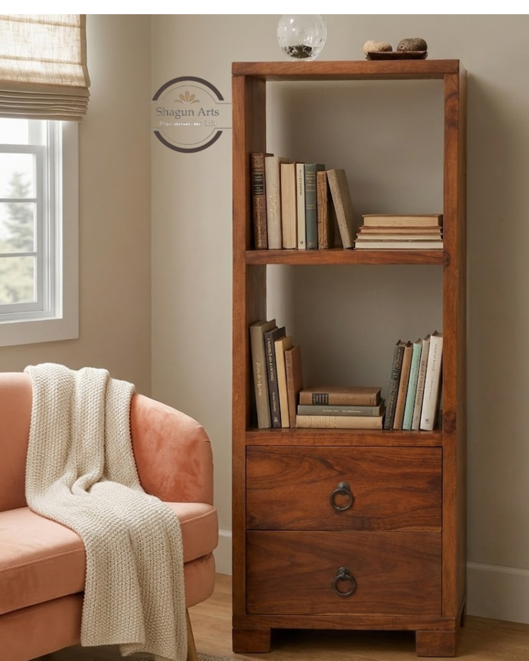 Megumi Solid Sheesham Wood Storage Cabinet with Open Shelves & 2 Drawers In Provencial Teak Finish