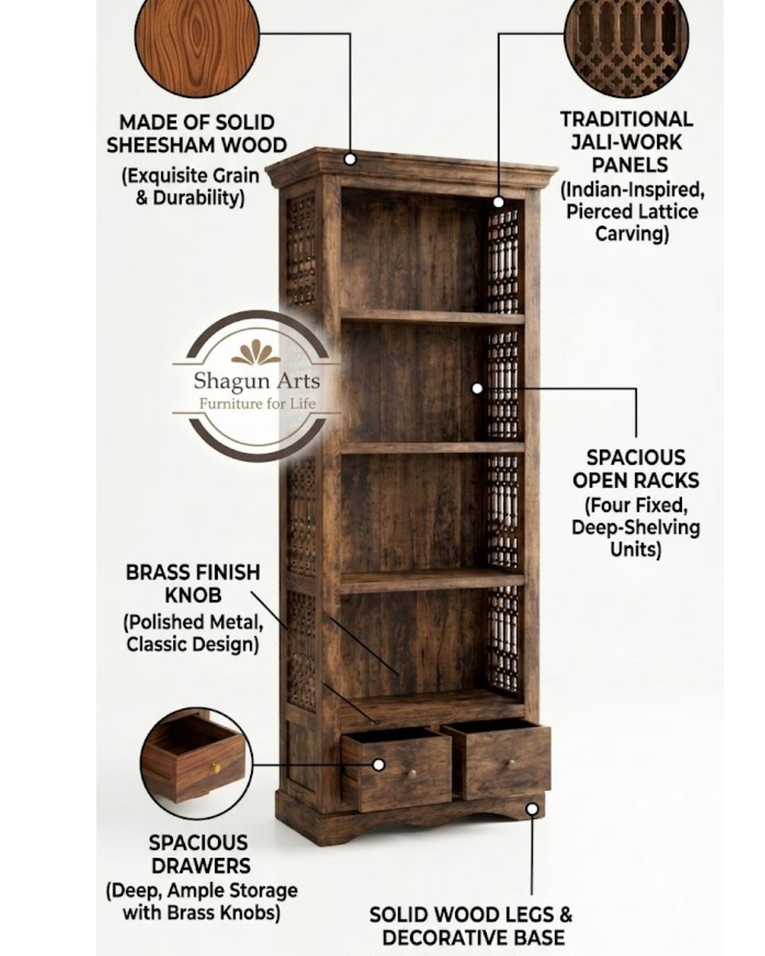 Emerson Solid Wood Bookshelf with 4 Open Shelves and 2 Bottom Drawers In Provencial Teak Finish