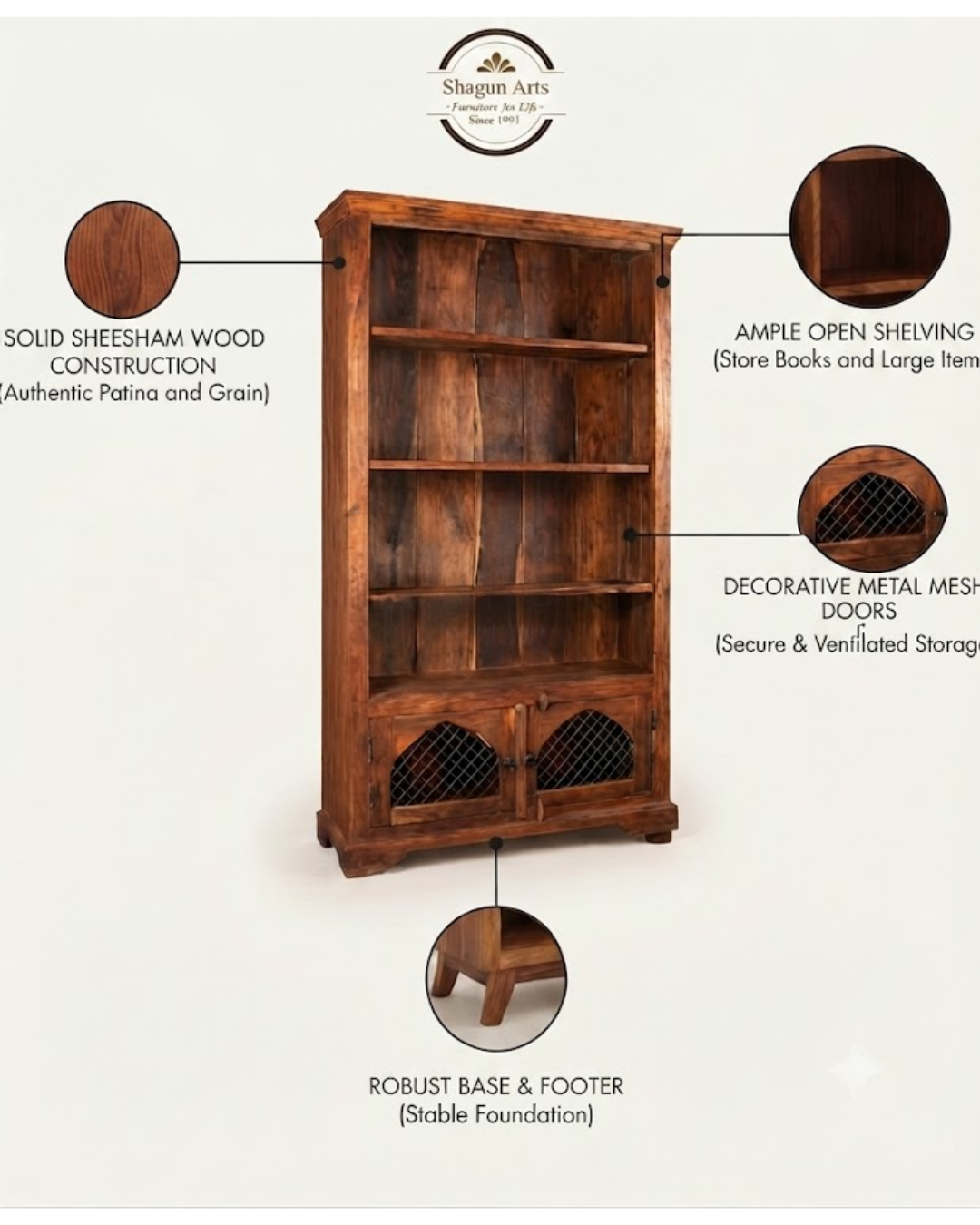 Oriel Solid Sheesham Wood Bookshelf with 2 Storage Cabinets In Natural Brown Finish
