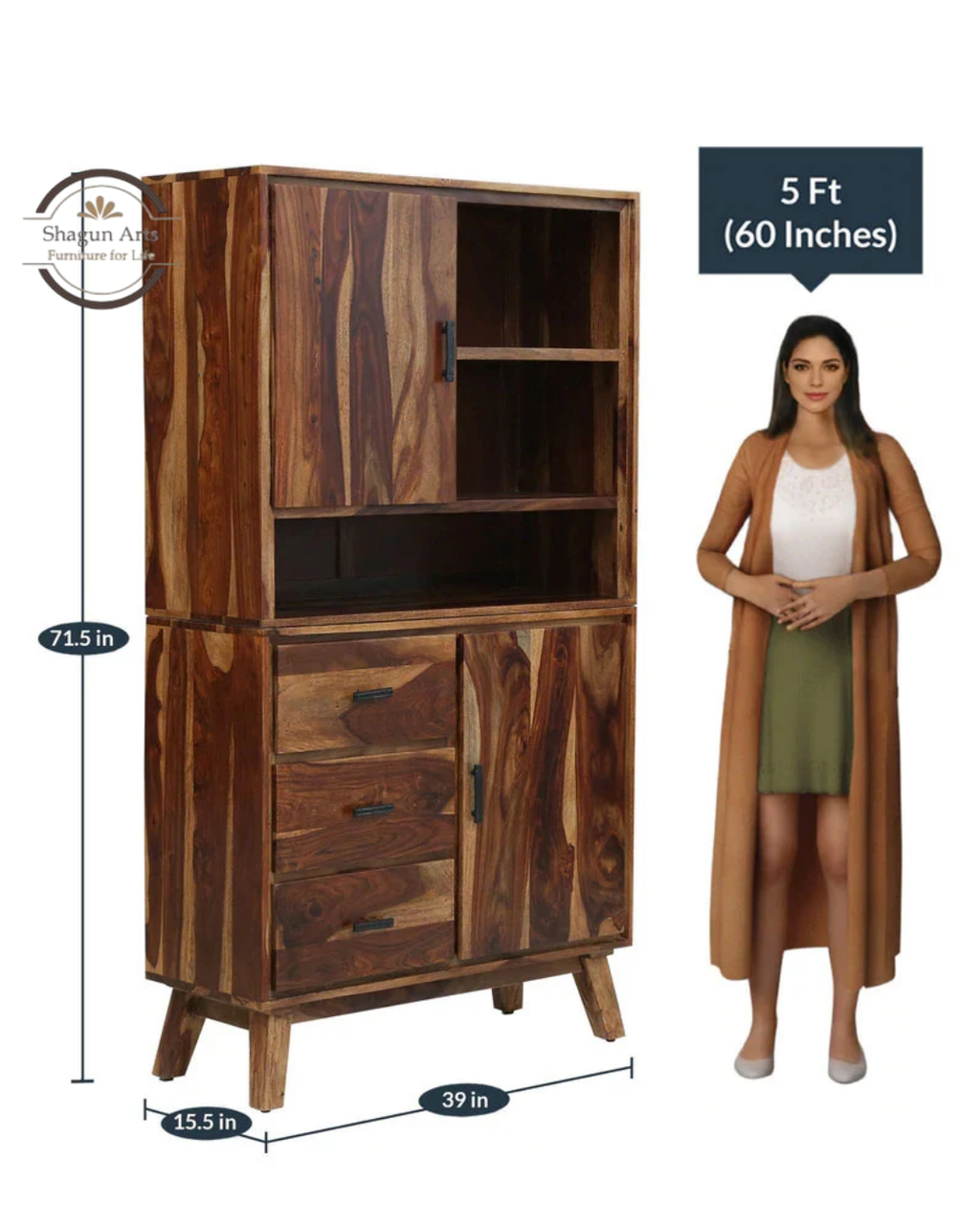 Portus Solid Sheesham Wood Multi-Storage Cabinet with Shelves, Drawers & Door In Rustic Teak Finish