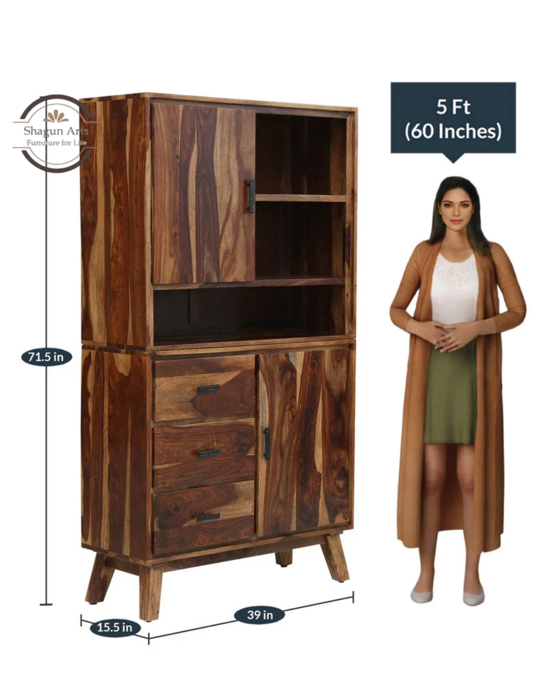 Portus Solid Sheesham Wood Multi-Storage Cabinet with Shelves, Drawers & Door In Rustic Teak Finish