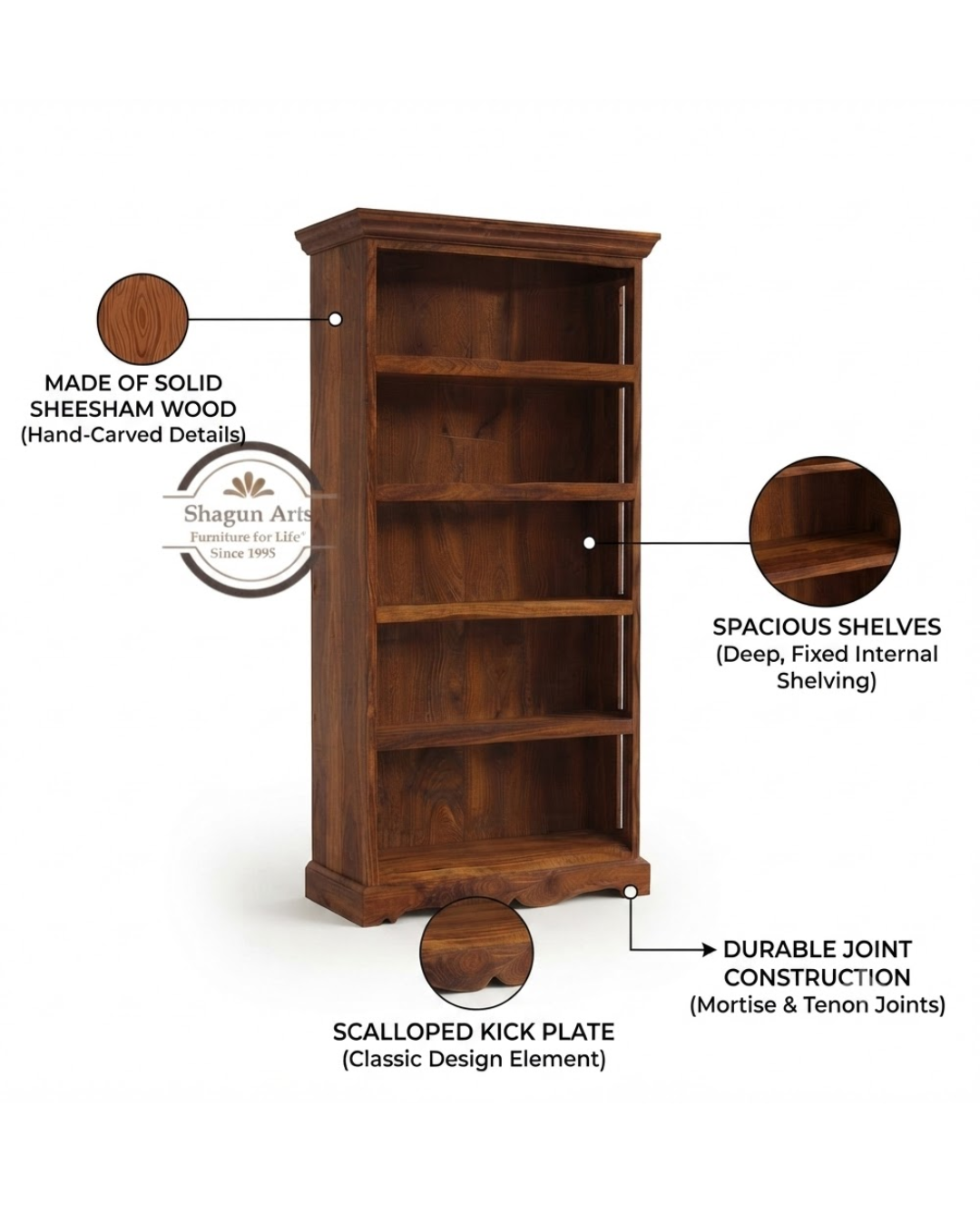 Abeey Solid Wood Sheesham Wood 5-Shelf Bookshelf In Natural Finish