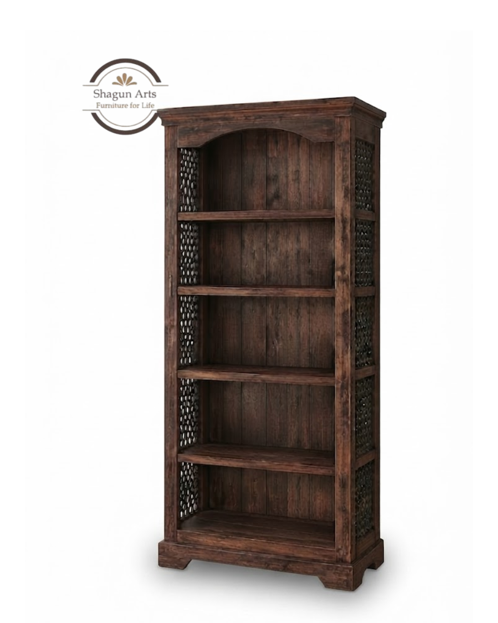 Stanfield Solid Sheesham Wood 5-Shelf Bookshelf with Decorative Sides In Honey Oak Finish