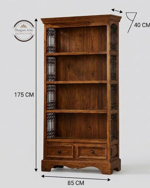 Abbey Solid Sheesham Wood 4-Shelf Bookshelf with Drawers
