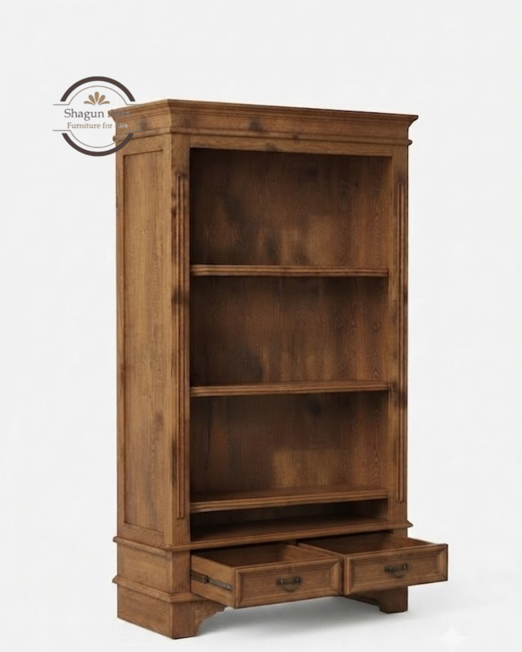 Hagborg Solid Sheesham Wood Book Shelf With 2 Drawers In Natural Brown Finish