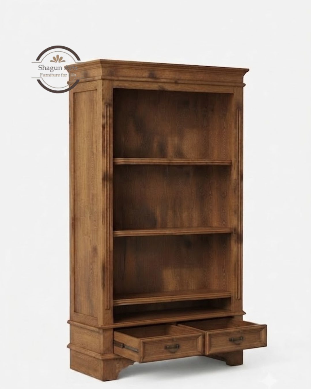 Hagborg Solid Sheesham Wood Book Shelf With 2 Drawers In Natural Brown Finish
